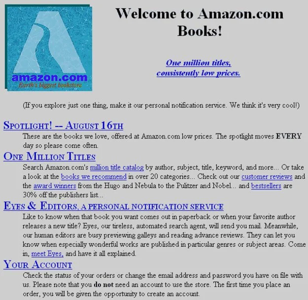 Сайт Amazon на момент запуска в 1995 году